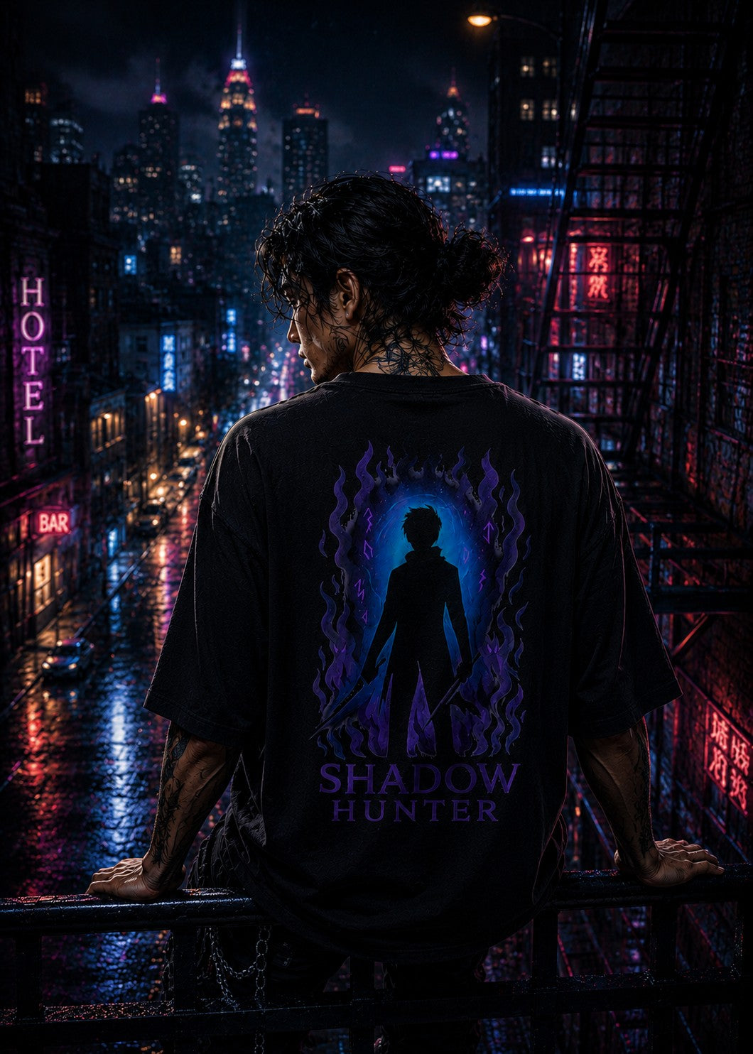 Drip&Verse black 100% cotton oversized tee with Shadow Hunter anime art print on back. Model wears size M.