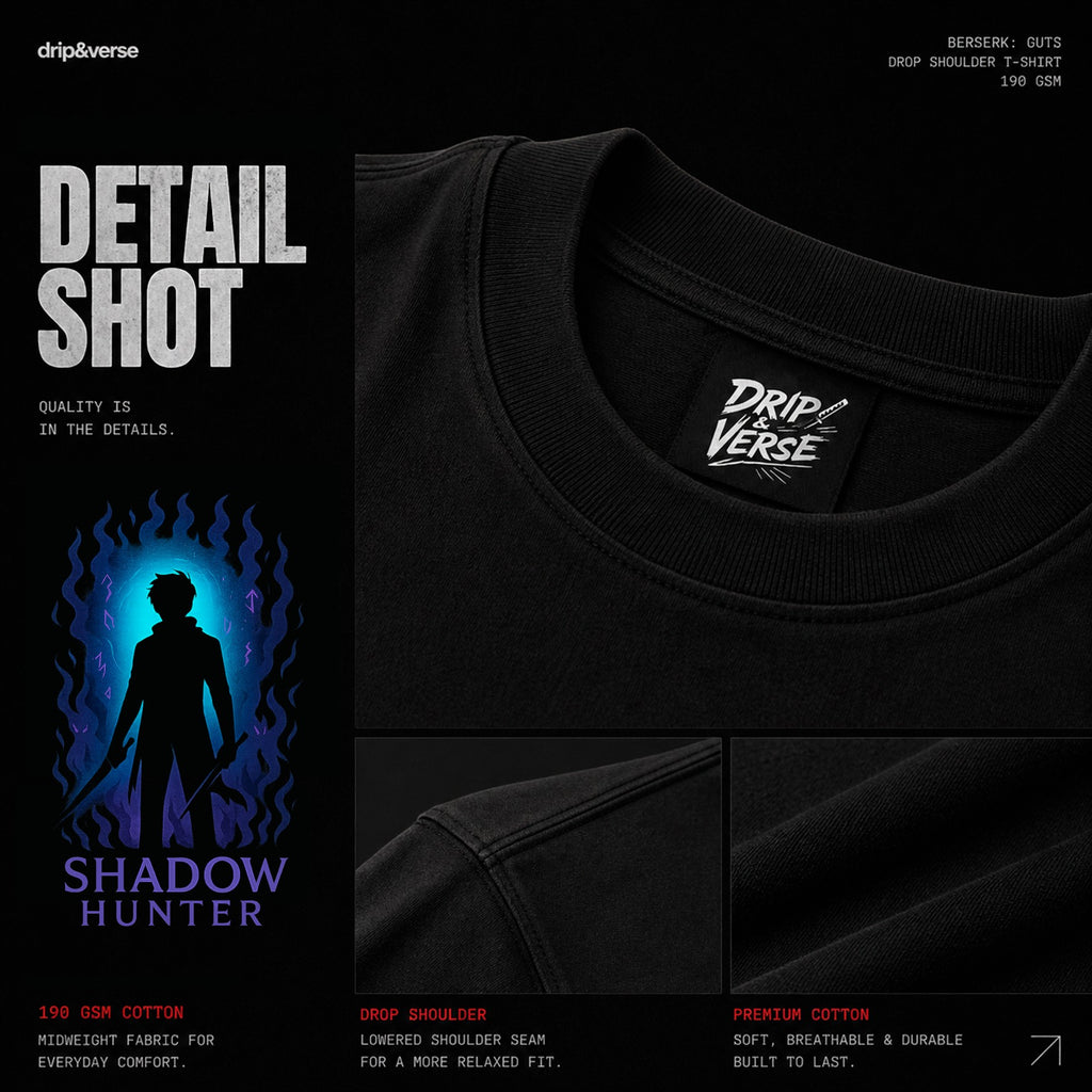 Drip&Verse black 100% cotton oversized Shadow Hunter graphic tee with anime art. Crew neck, drop shoulder.