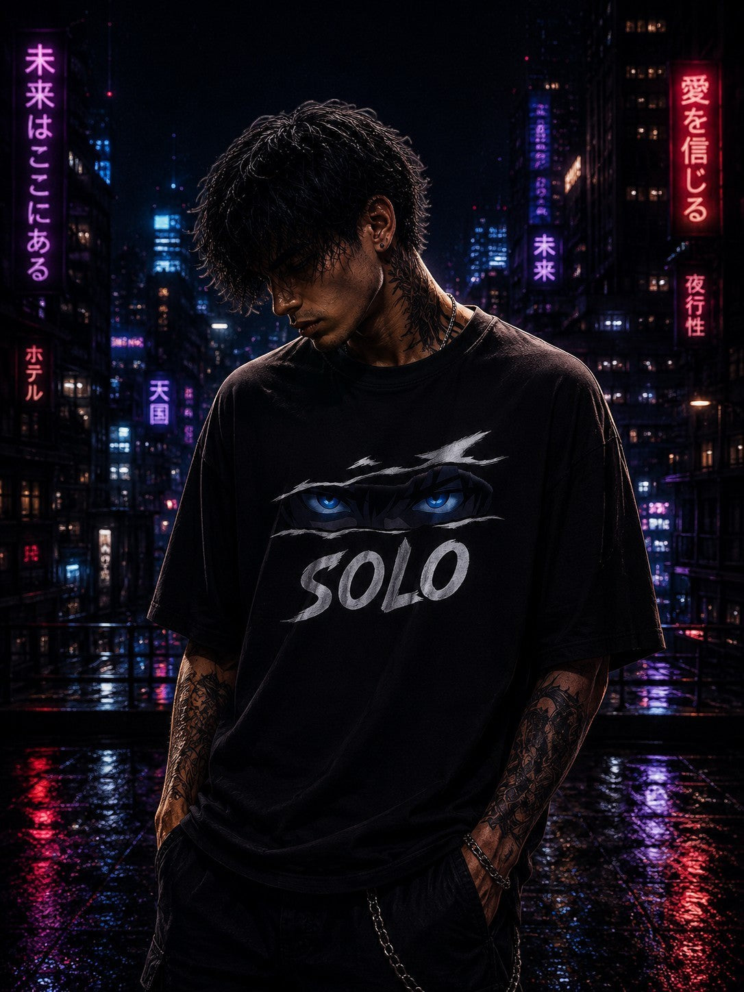 Drip&Verse black oversized 100% cotton tee with anime-style blue eyes and "SOLO" graphic on front. Model is 5'11" wearing size M.