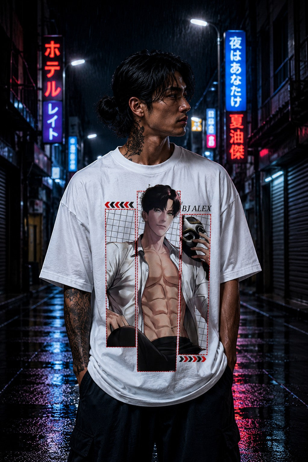 Drip&Verse white 100% cotton oversized t-shirt with a graphic print of a muscular anime character holding a mask. Model wears size M.