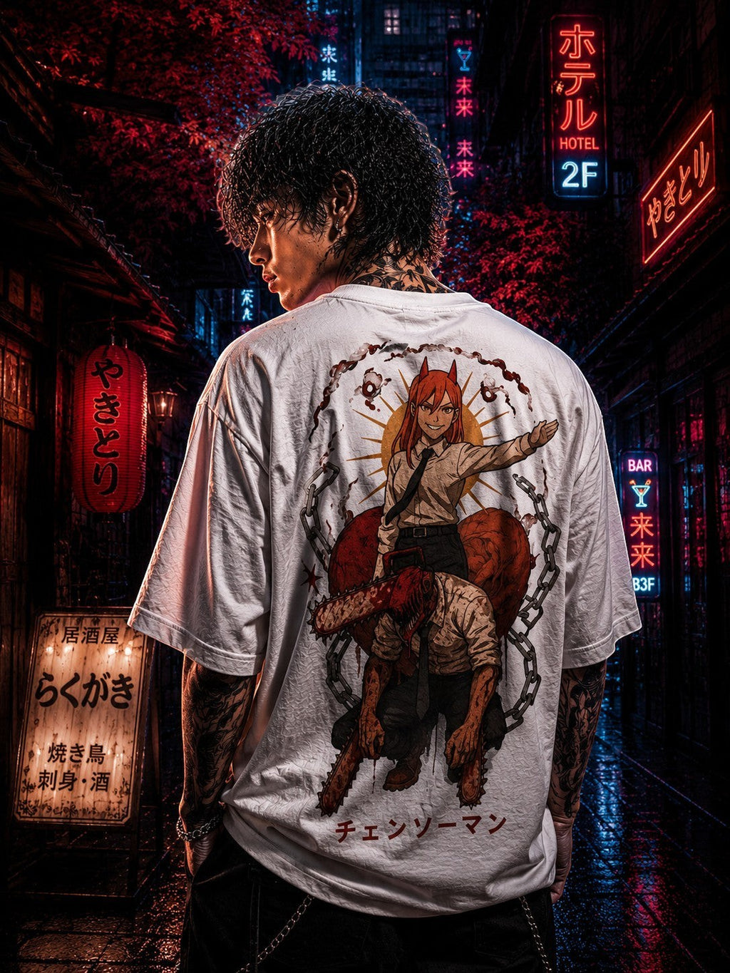 Drip&Verse white 100% cotton oversized t-shirt with a chaotic anime graphic on the back and a chibi on the chest. Model is 5'11" wearing size M.