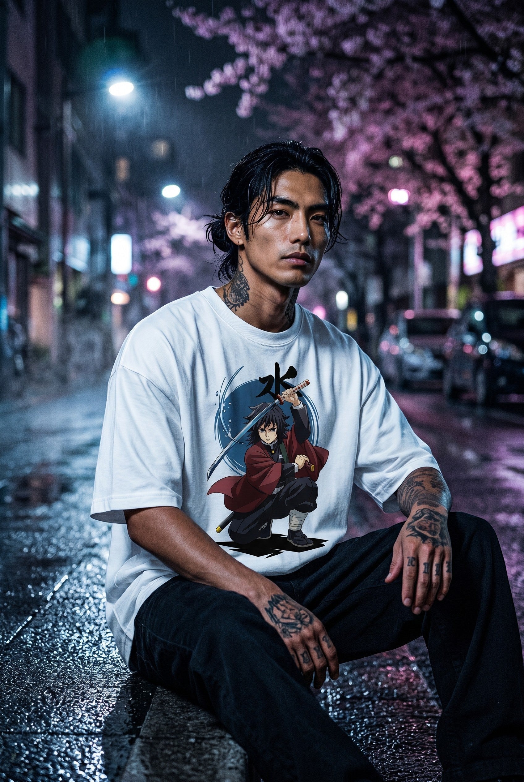 Drip&Verse white 100% cotton oversized tee with a drop shoulder, featuring an anime character mid-stance with a sword and Japanese kanji.