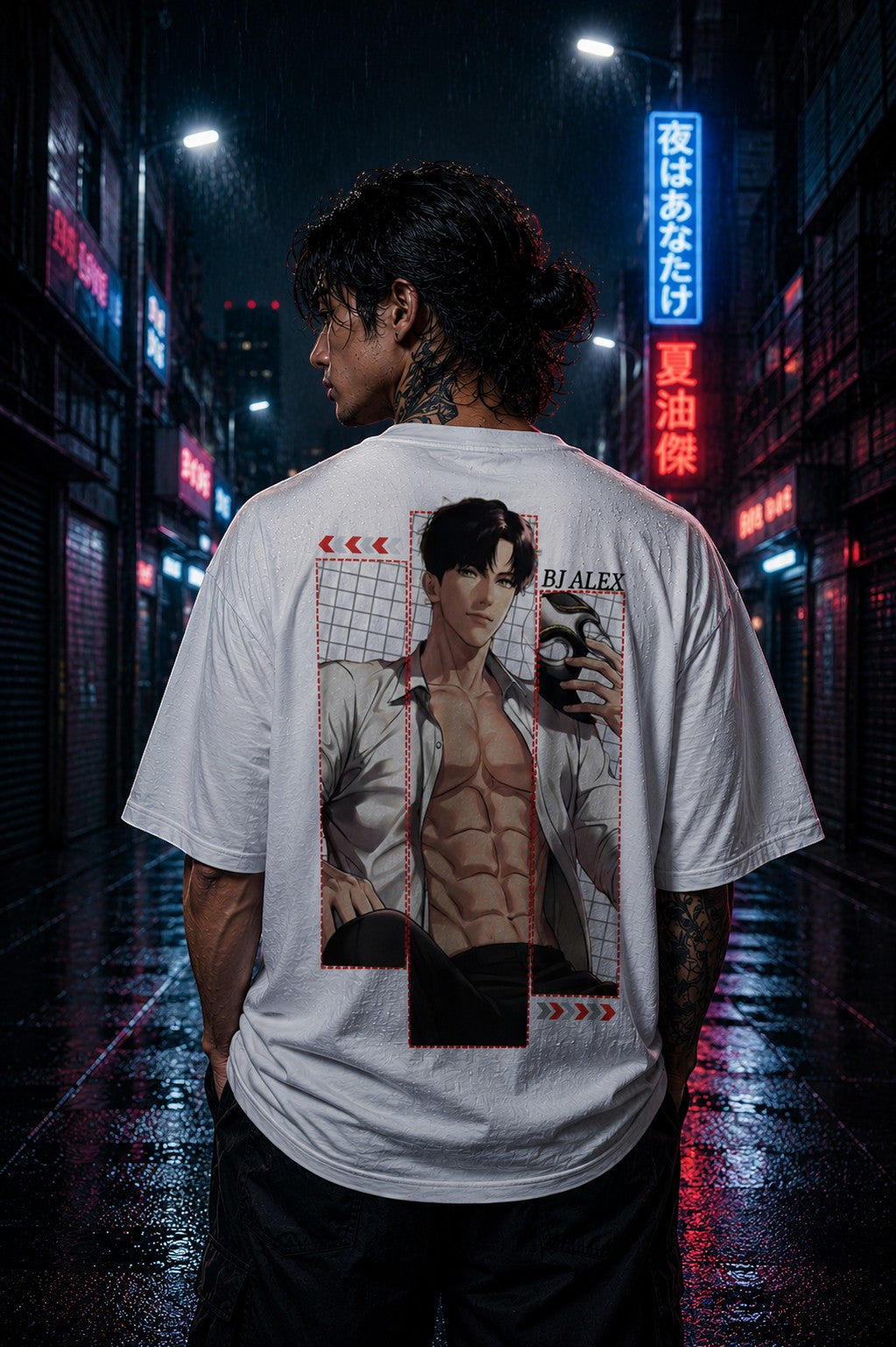 Drip&Verse white 100% cotton oversized t-shirt with a graphic print of a muscular anime character holding a mask. Crew neck, short sleeves.