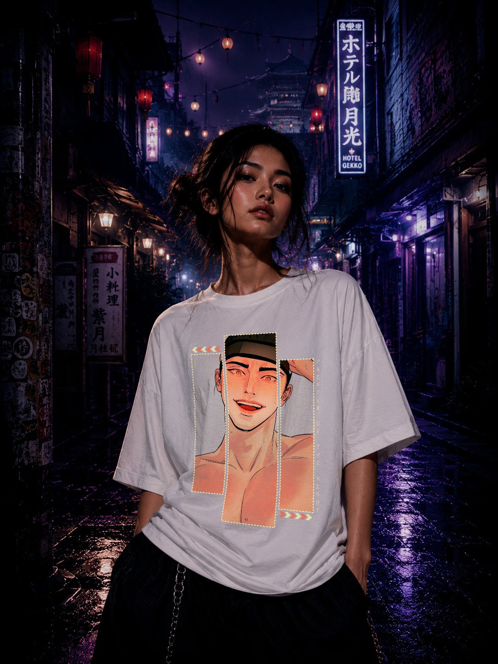 Drip&Verse white 100% cotton oversized t-shirt with a graphic print of a smiling man's face on the front. Model is 5'11" wearing a size M.
