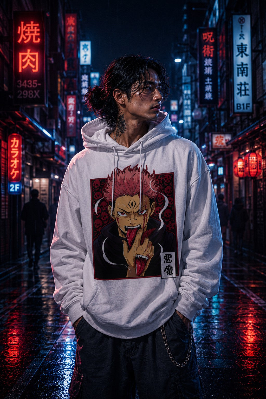 Drip&Verse white boxy fit fleece hoodie with anime demon art print on front. Model is 6'1" wearing size M.