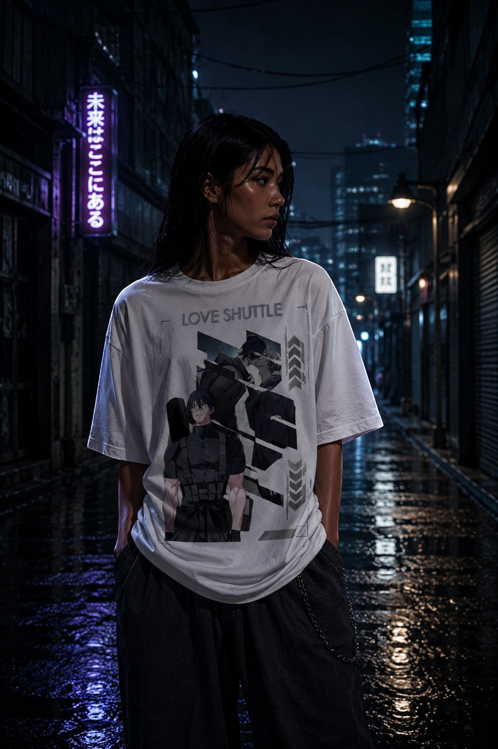 Drip&Verse white 100% cotton oversized t-shirt with a graphic print of two anime characters and geometric designs. Model is wearing size M.