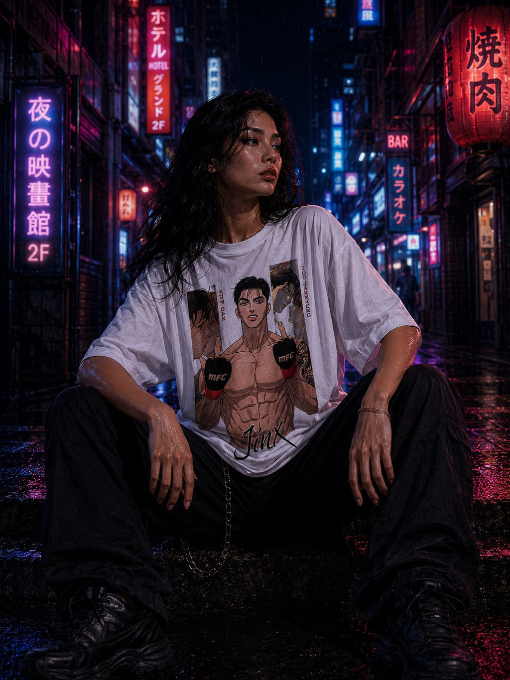 Drip&Verse white oversized 100% cotton tee with graphic print of a muscular MMA fighter and "Jinx" text. Model wears it in a dark, rainy city setting.