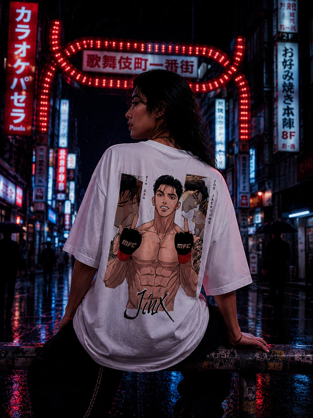 Drip&Verse white oversized 100% cotton t-shirt with a graphic print of a muscular MMA fighter and Japanese text. Model is 5'11" wearing size M.