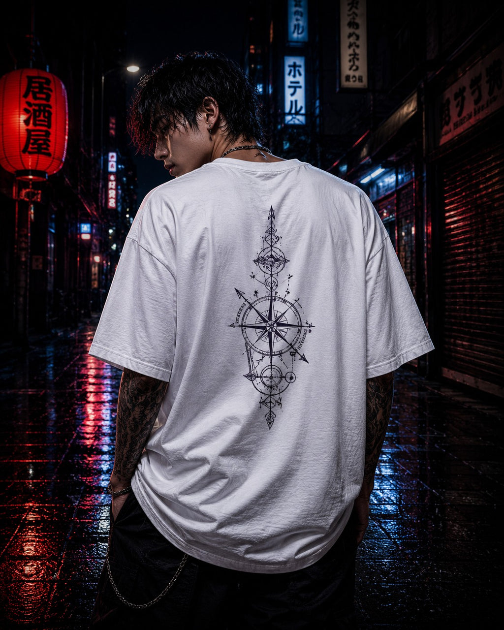Drip&Verse white 100% cotton oversized tee with a detailed celestial compass graphic on the back.