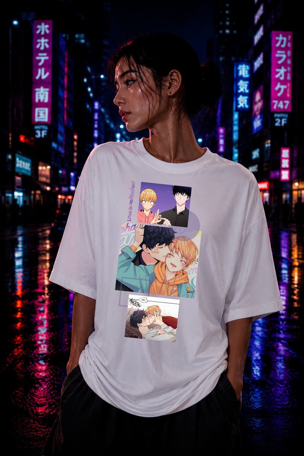 Drip&Verse white 100% cotton oversized t-shirt with BL manga art print on chest. Loose fit, crew neck.