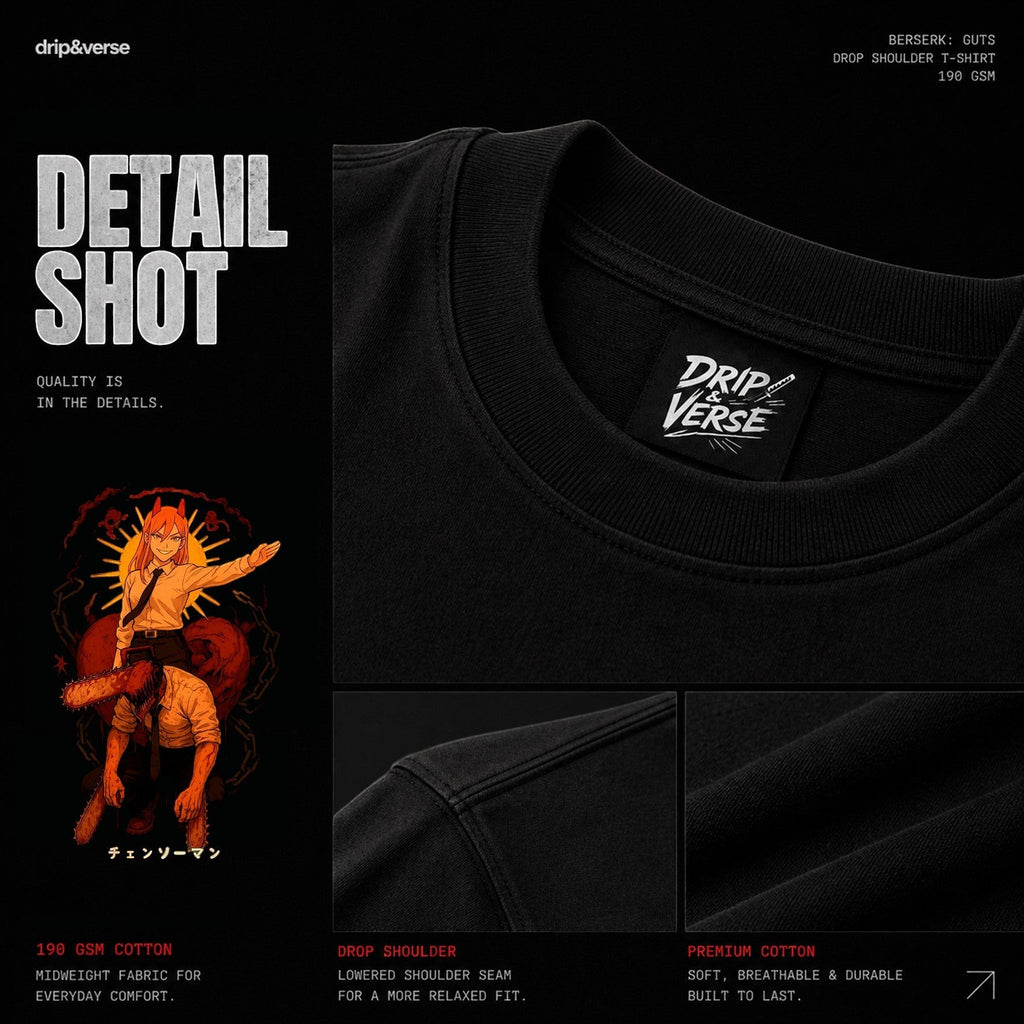 Drip&Verse black 100% cotton oversized t-shirt with anime graphic on front and back. Features drop shoulder and crew neck.