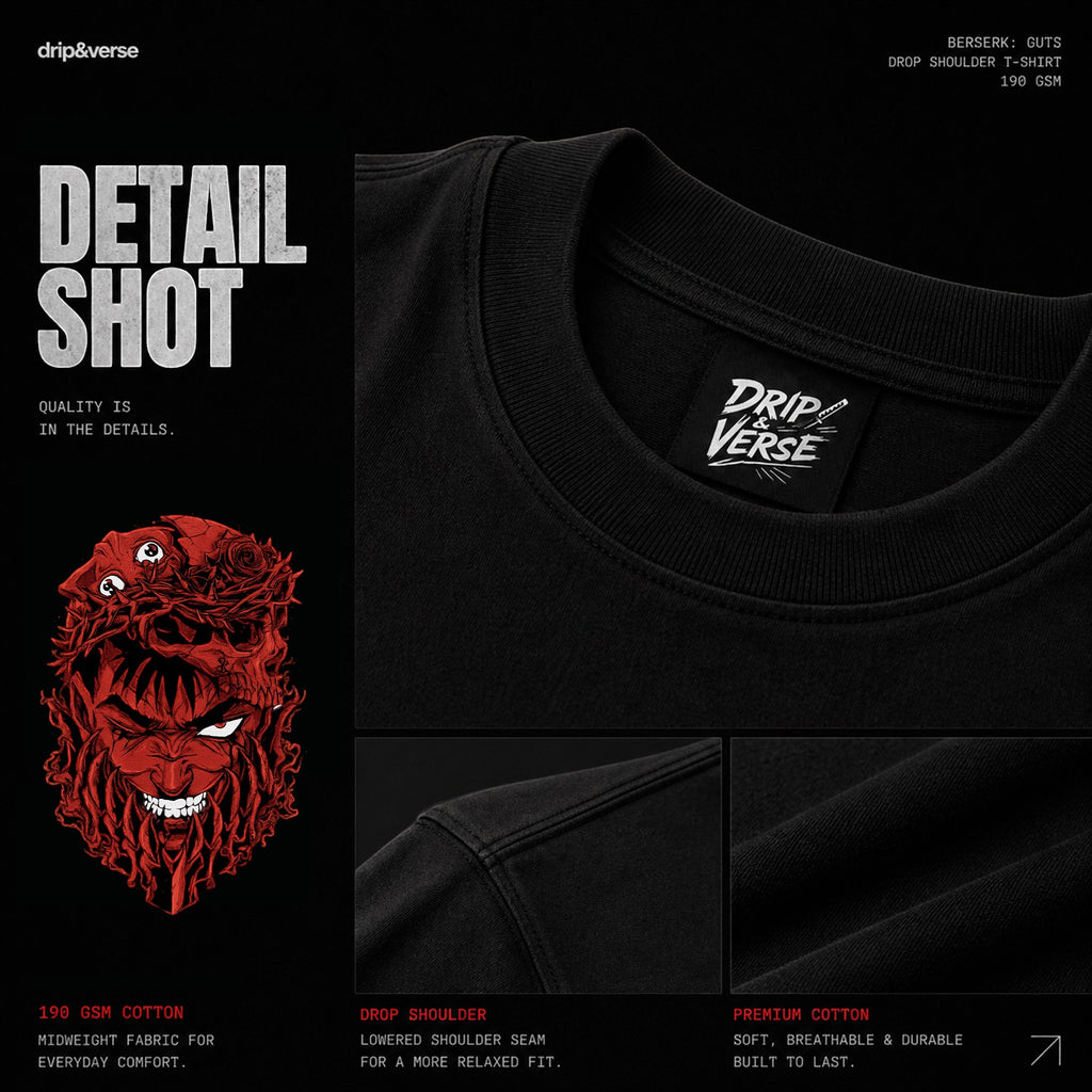 Drip&Verse black 100% cotton oversized t-shirt with a red anime demon graphic on the front and drop shoulder design.