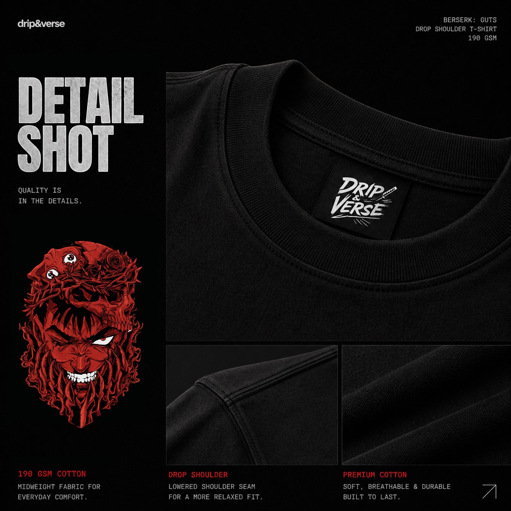 Drip&Verse black 100% cotton oversized t-shirt with a red anime demon graphic on the front and drop shoulder design.
