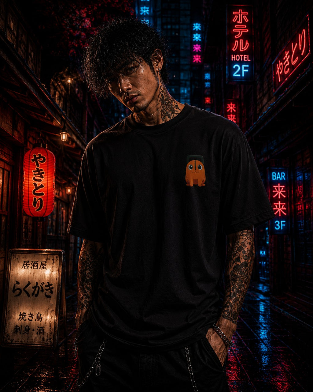 Drip&Verse black 100% cotton oversized tee with a small orange chibi character print on the left chest. Model is wearing size M.