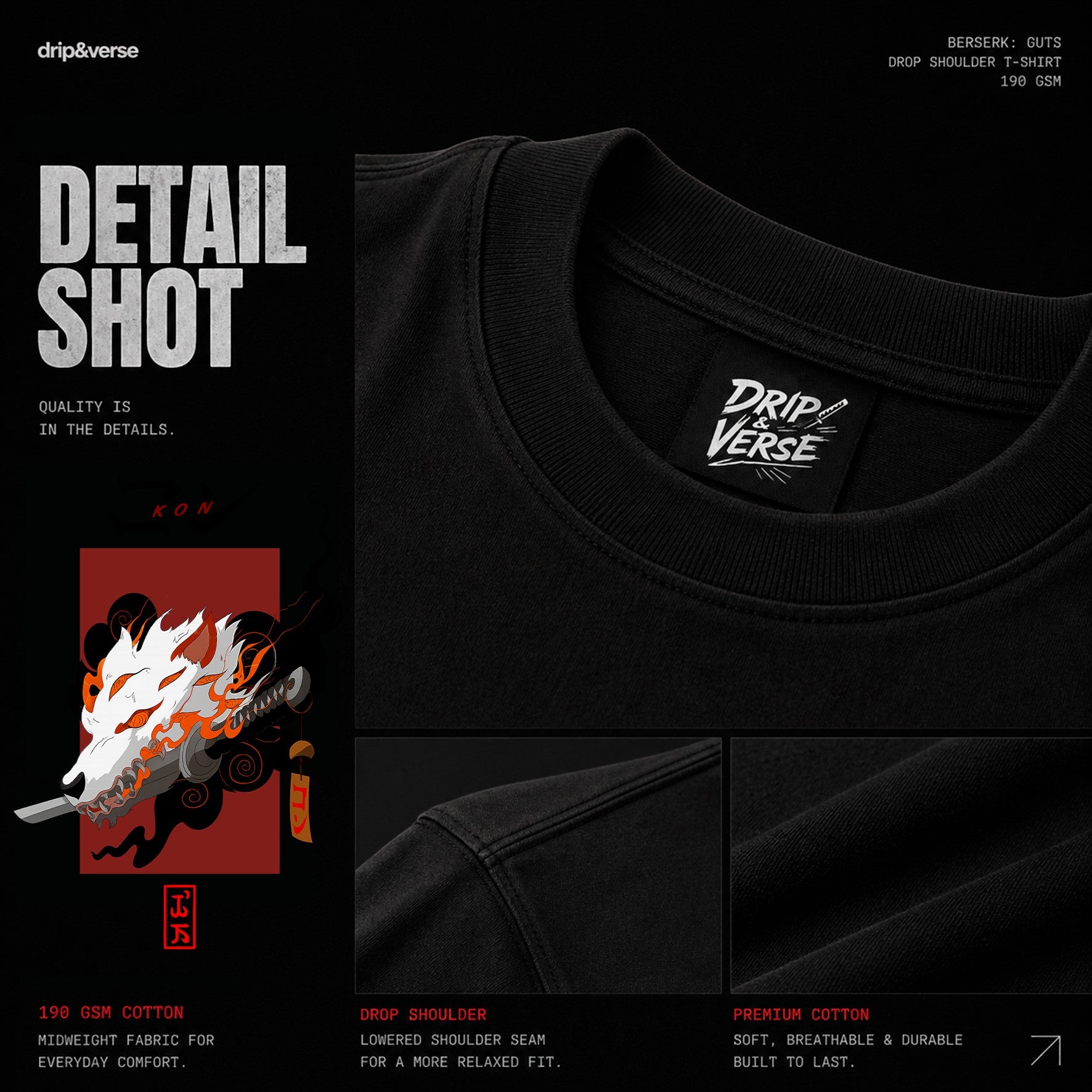 Drip&Verse black oversized 100% cotton t-shirt with Japanese demon fox art print and drop shoulder.