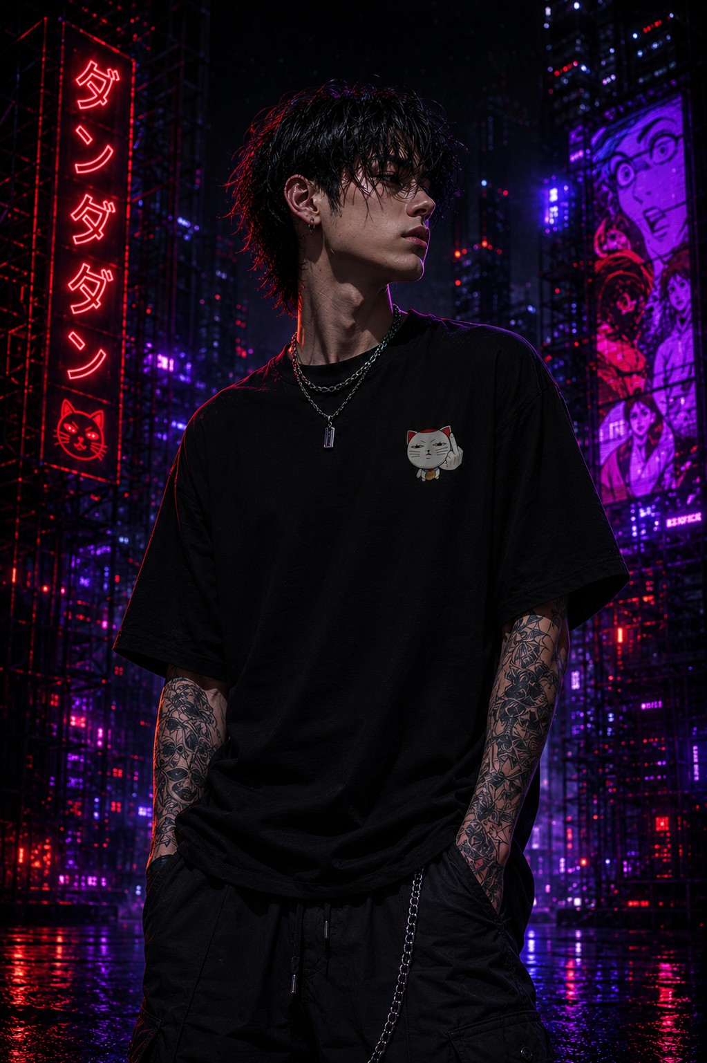 Drip&Verse black 100% cotton oversized t-shirt with a small graphic of a lucky cat giving the middle finger on the chest.