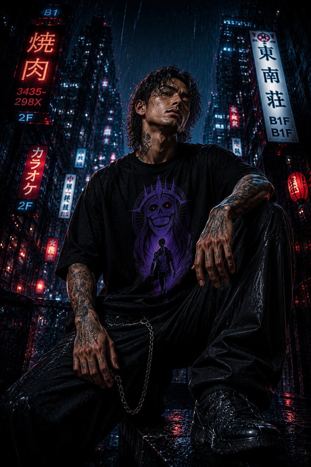 Drip&Verse black oversized 100% cotton tee with a purple graphic print of a skull and a figure. Model is 5'11" wearing size M.