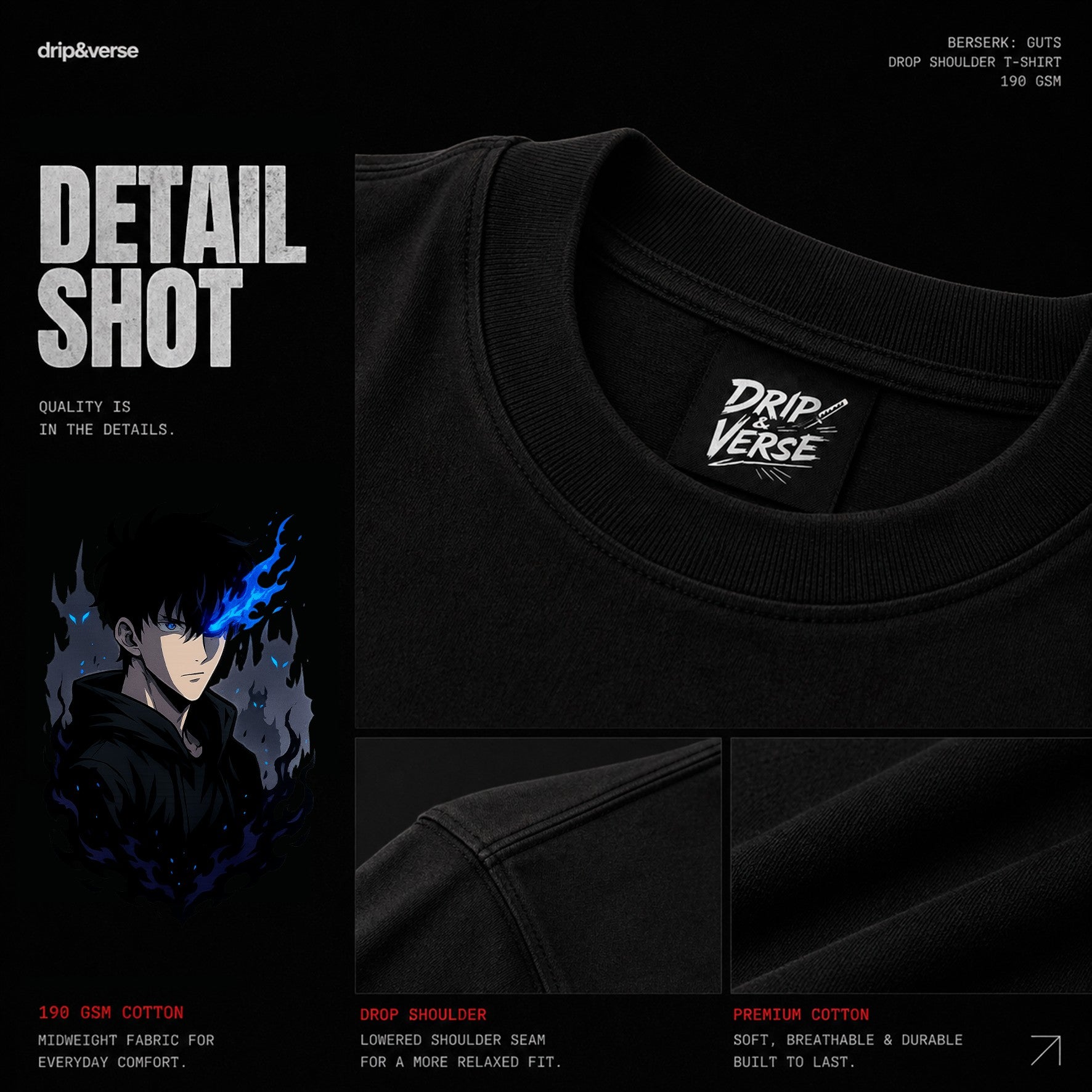 Drip&Verse black oversized 100% cotton t-shirt with blue flame eye graphic on front and back.
