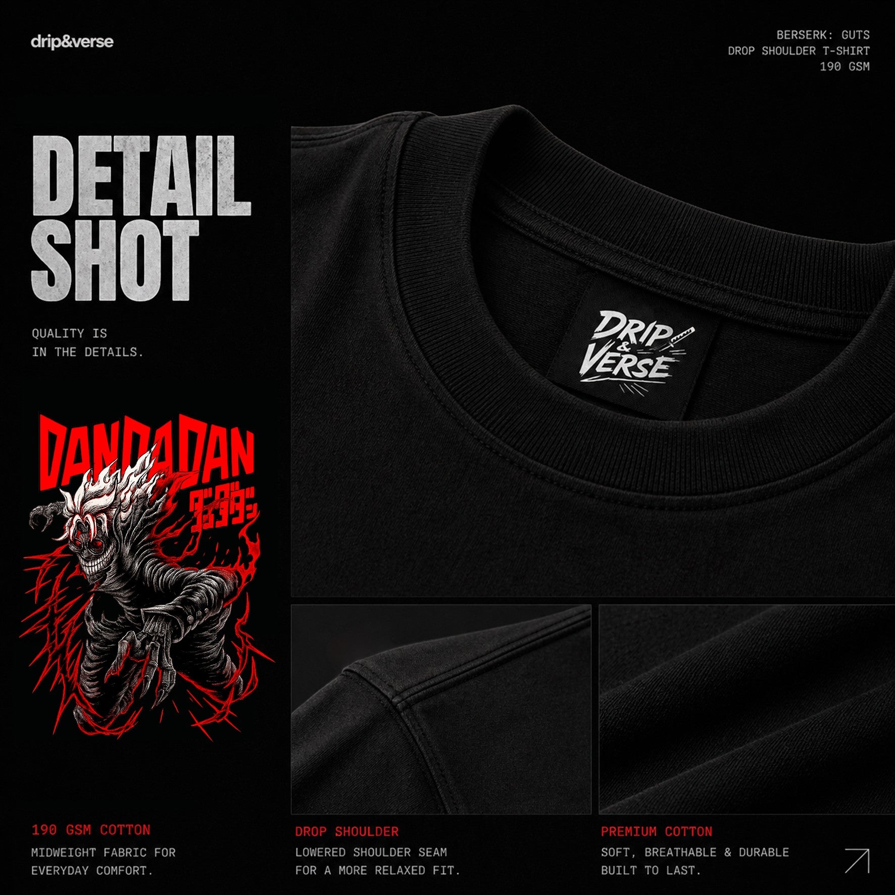 Drip&Verse black oversized 100% cotton t-shirt with red crack graphic and Japanese text. Crew neck, drop shoulder.