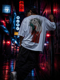 Drip&Verse white oversized 100% cotton tee with a graphic of a female oni with red horns and teal claws, blood details, and a barcode element.