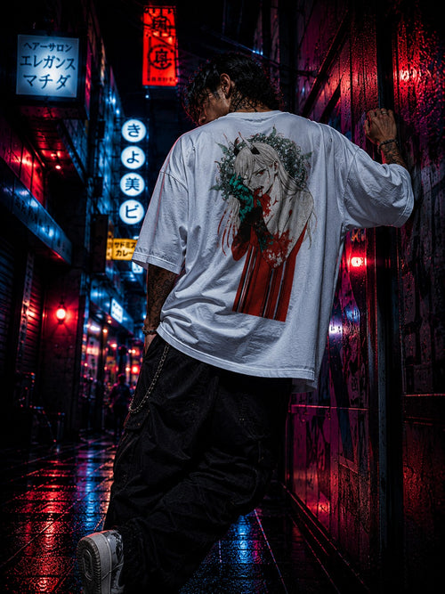 Drip&Verse white oversized 100% cotton tee with a graphic of a female oni with red horns and teal claws, blood details, and a barcode element.