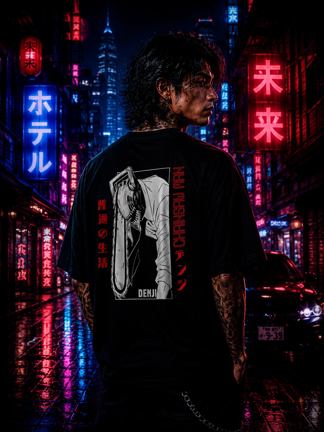 Drip&Verse black oversized 100% cotton t-shirt with Chainsaw Man anime art and Japanese text. Model is 5'11" wearing size M.