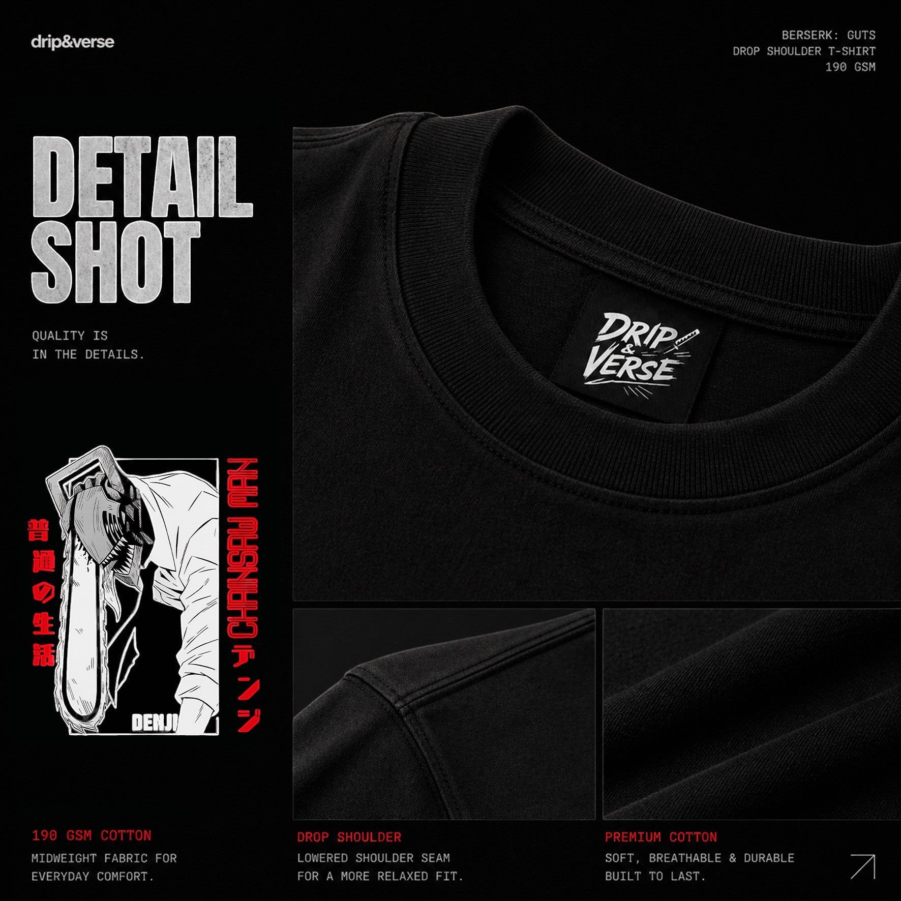Drip&Verse black 100% cotton oversized t-shirt with Chainsaw Man anime art and red Japanese text. Drop shoulder fit.