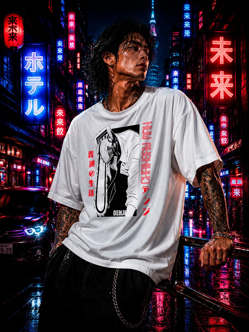 Drip&Verse white oversized 100% cotton t-shirt with a black and white Chainsaw Man manga panel print and red Japanese text.