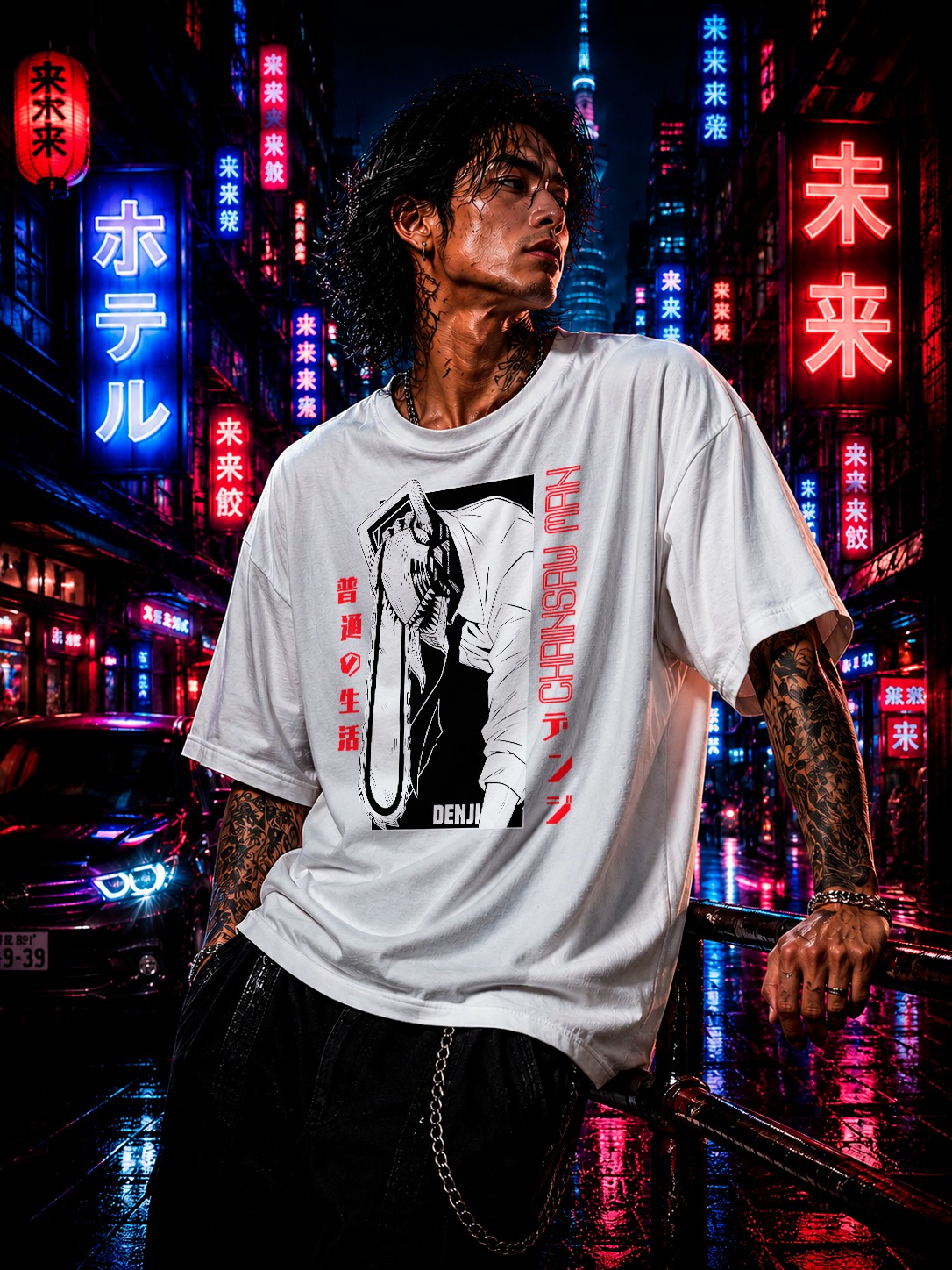 Drip&Verse white oversized 100% cotton t-shirt with a black and white Chainsaw Man manga panel print and red Japanese text.