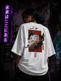 Drip&Verse white 100% cotton oversized tee with Japanese demon fox art print, sword, and calligraphy.