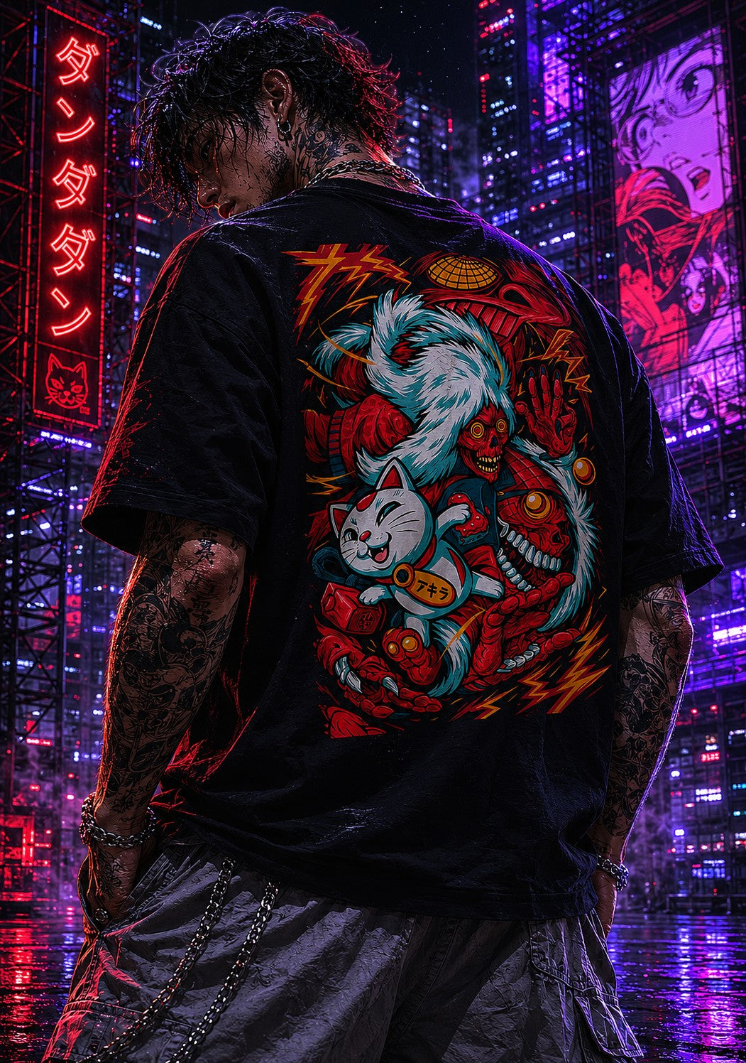 Drip&Verse black 100% cotton oversized t-shirt with a vibrant graphic print of a lucky cat and oni figures.