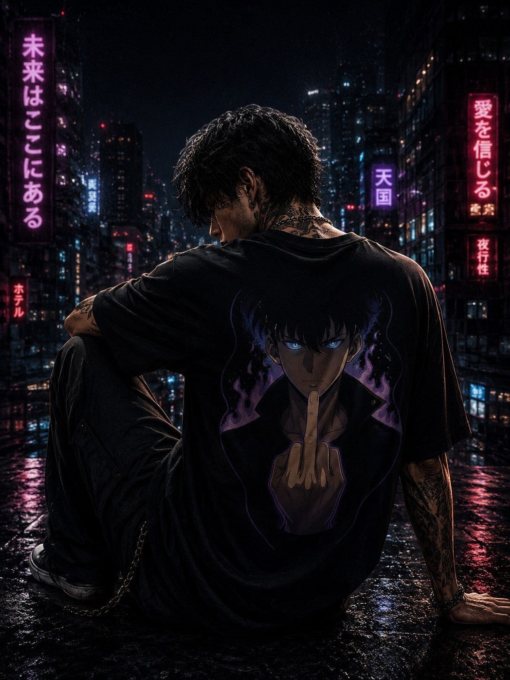 Drip&Verse black 100% cotton oversized tee with anime art of a character with blue eyes and purple flames, giving the middle finger.