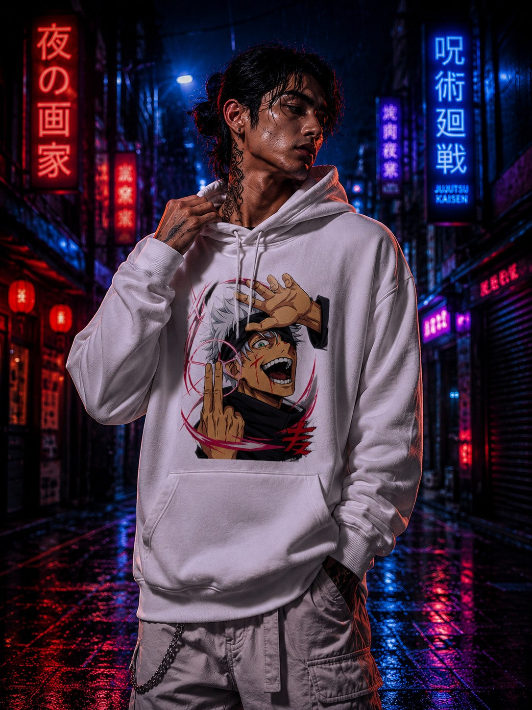 Drip&Verse white boxy fleece hoodie with anime art graphic on chest, kangaroo pocket, and double-lined hood.
