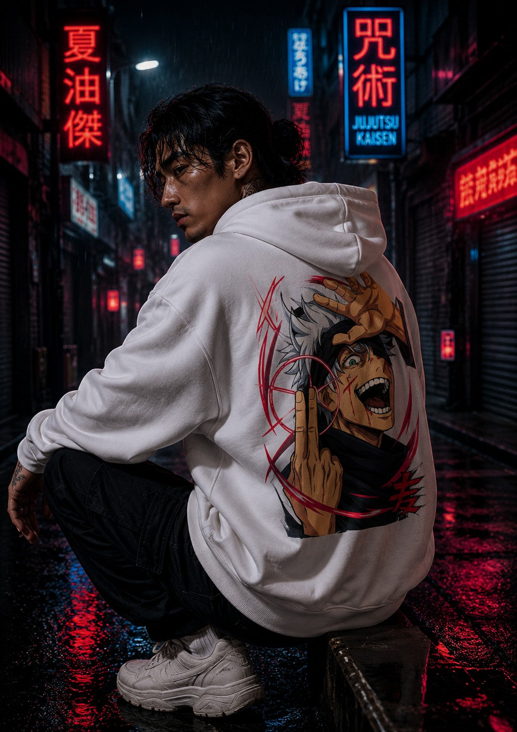 Drip&Verse white boxy fleece hoodie with anime graphic print on back, 80% cotton, 20% polyester.