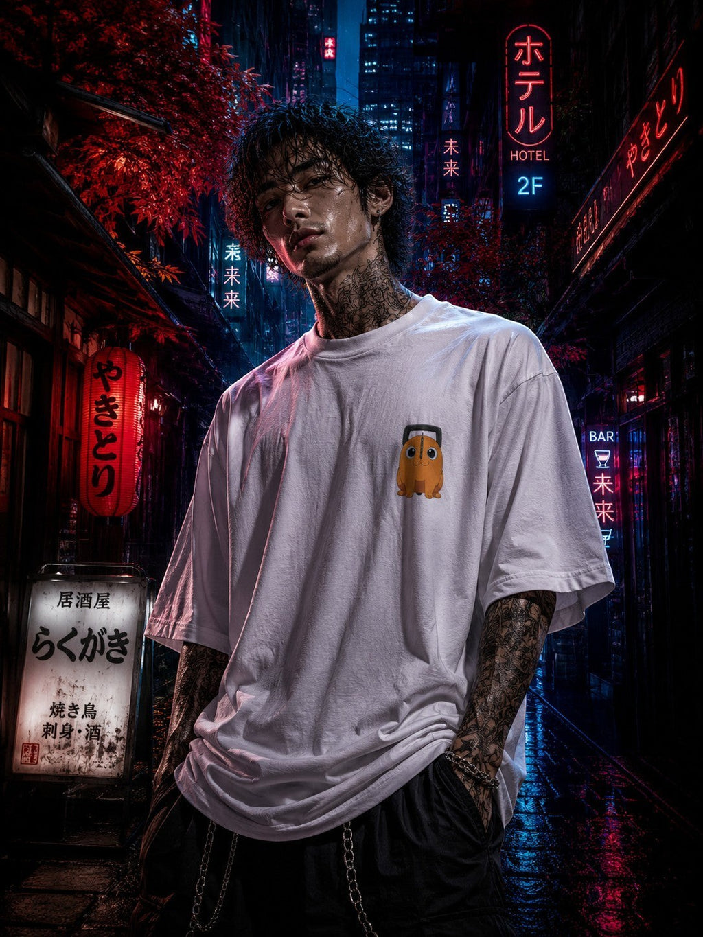 Drip&Verse white 100% cotton oversized tee with a small orange chibi graphic on the left chest. Model is wearing size M.