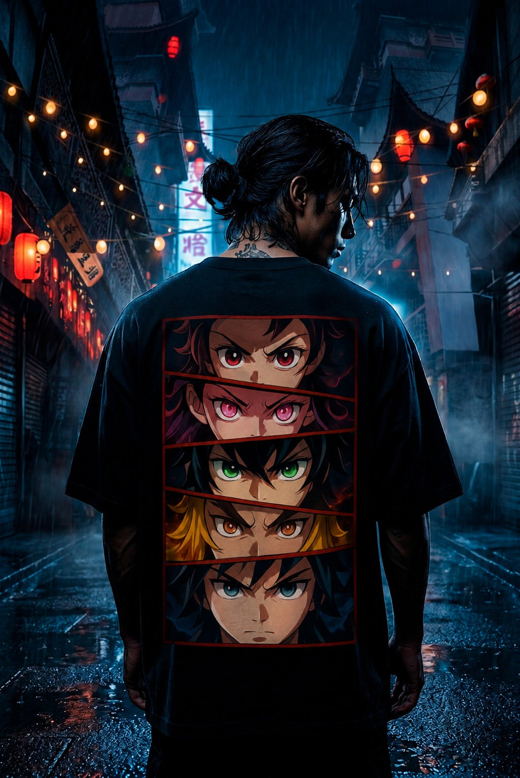 Drip&Verse black oversized cotton t-shirt with a full-color back print featuring five stacked anime-style eyes. Model is 5'11" wearing size M.