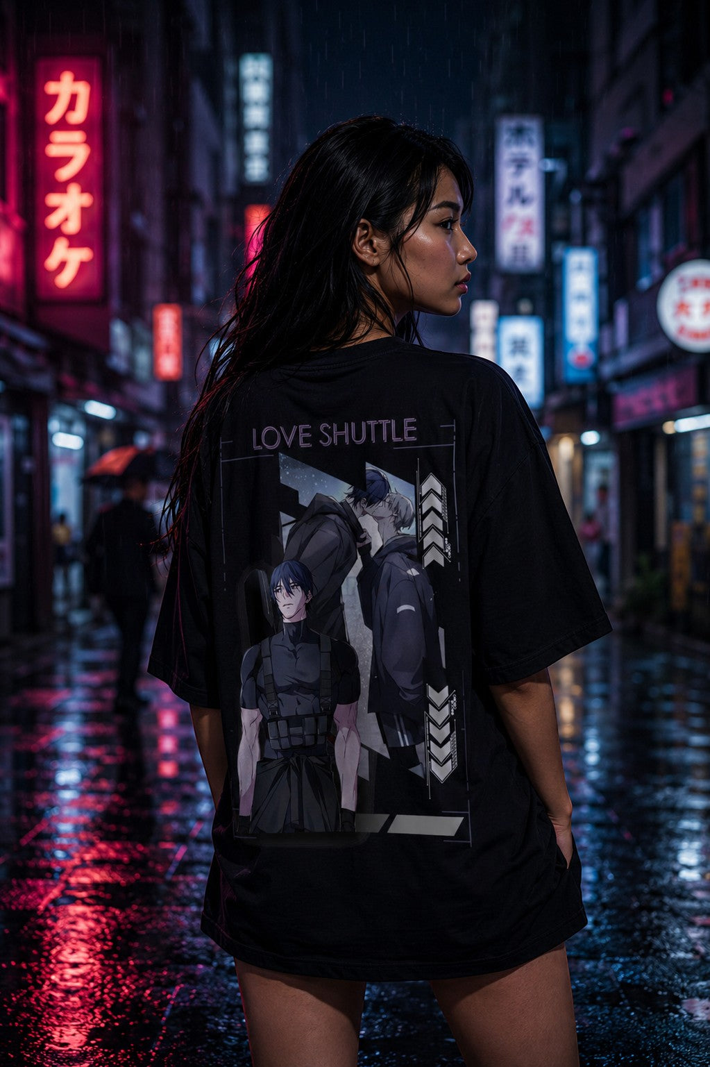 Drip&Verse black 100% cotton oversized t-shirt with a graphic print of two anime-style male characters and the text "LOVE SHUTTLE".