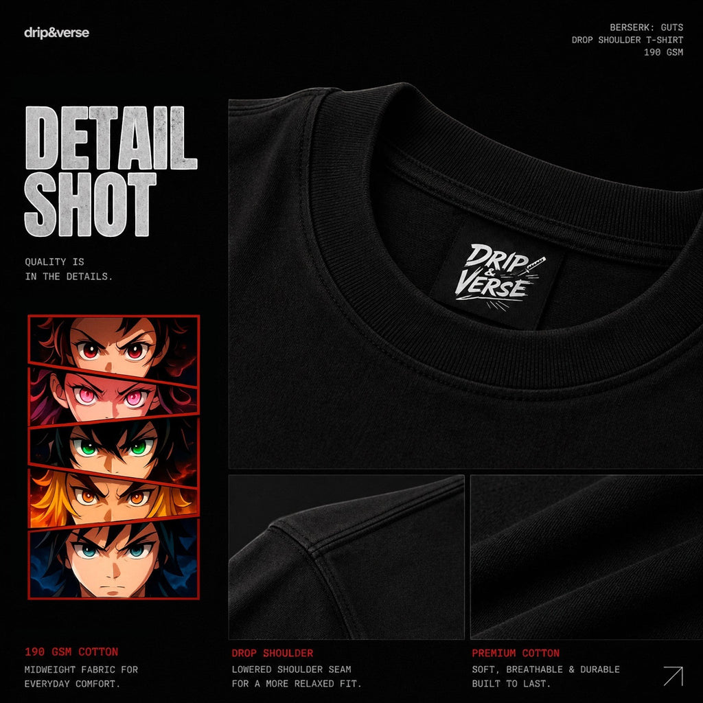 Drip&Verse black cotton oversized t-shirt with anime-inspired eye graphic print on back and drop shoulder.