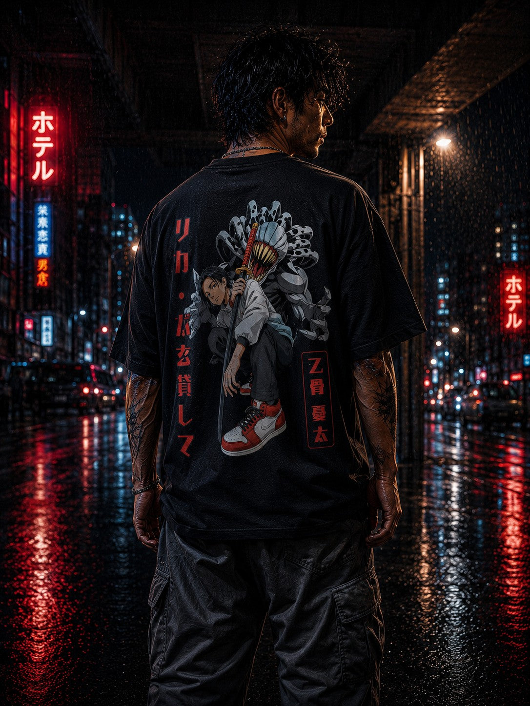 Drip&Verse black 100% cotton oversized graphic tee with anime-inspired print and Japanese text. Model wears size M.