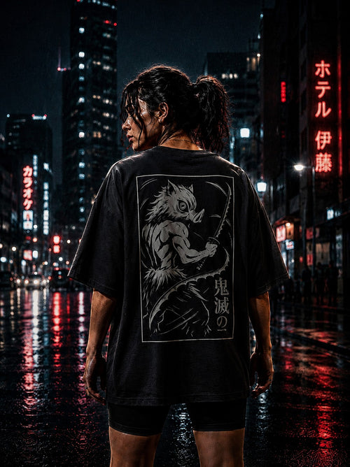 Drip&Verse black 100% cotton oversized t-shirt with drop shoulder and anime-inspired ink art graphic on back.
