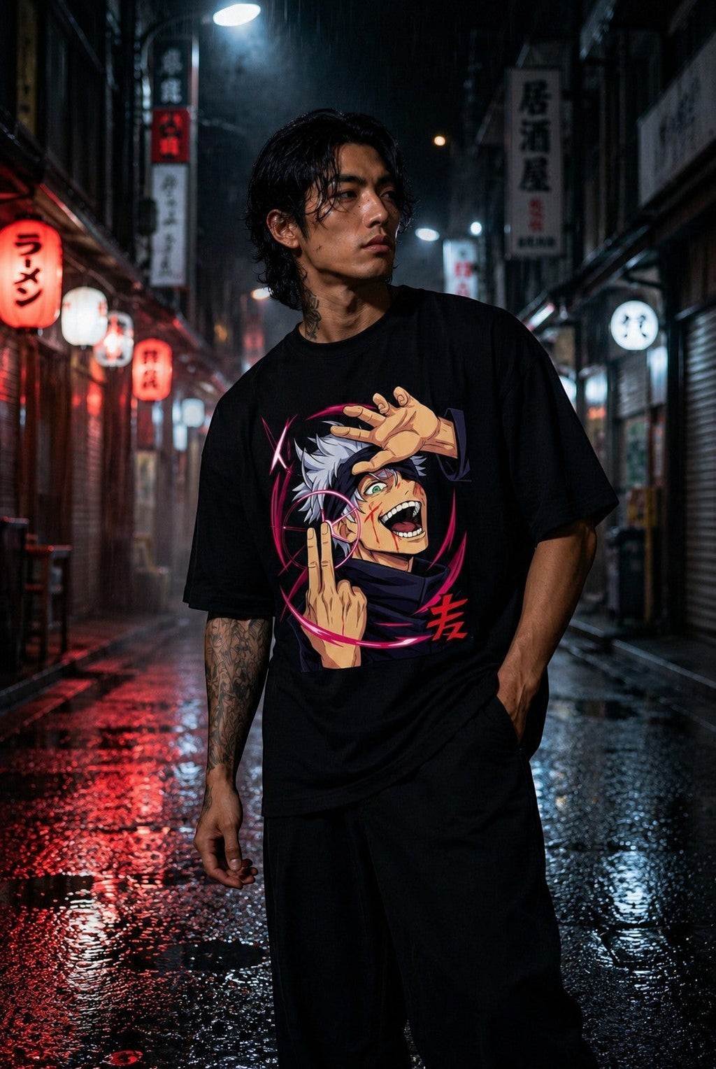 Drip&Verse black 100% cotton oversized drop shoulder tee with anime graphic print of a laughing character with pink infinity rings.
