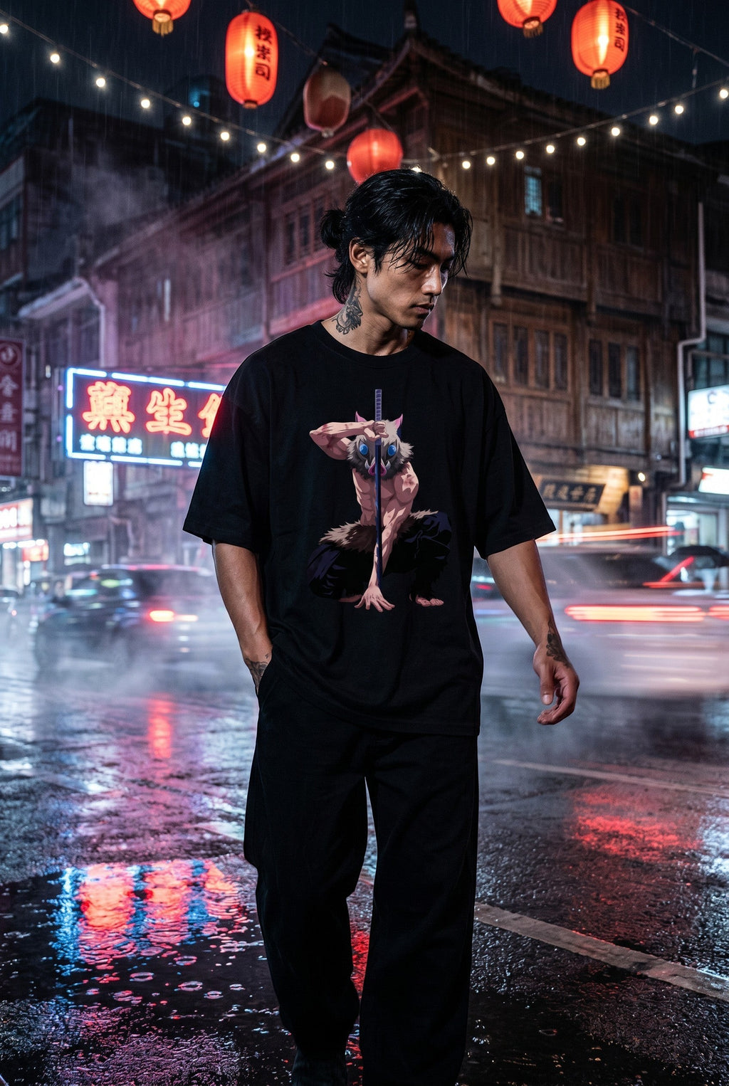 Drip&Verse black 100% cotton oversized t-shirt with a drop shoulder and a graphic print of a boar-masked warrior from anime.