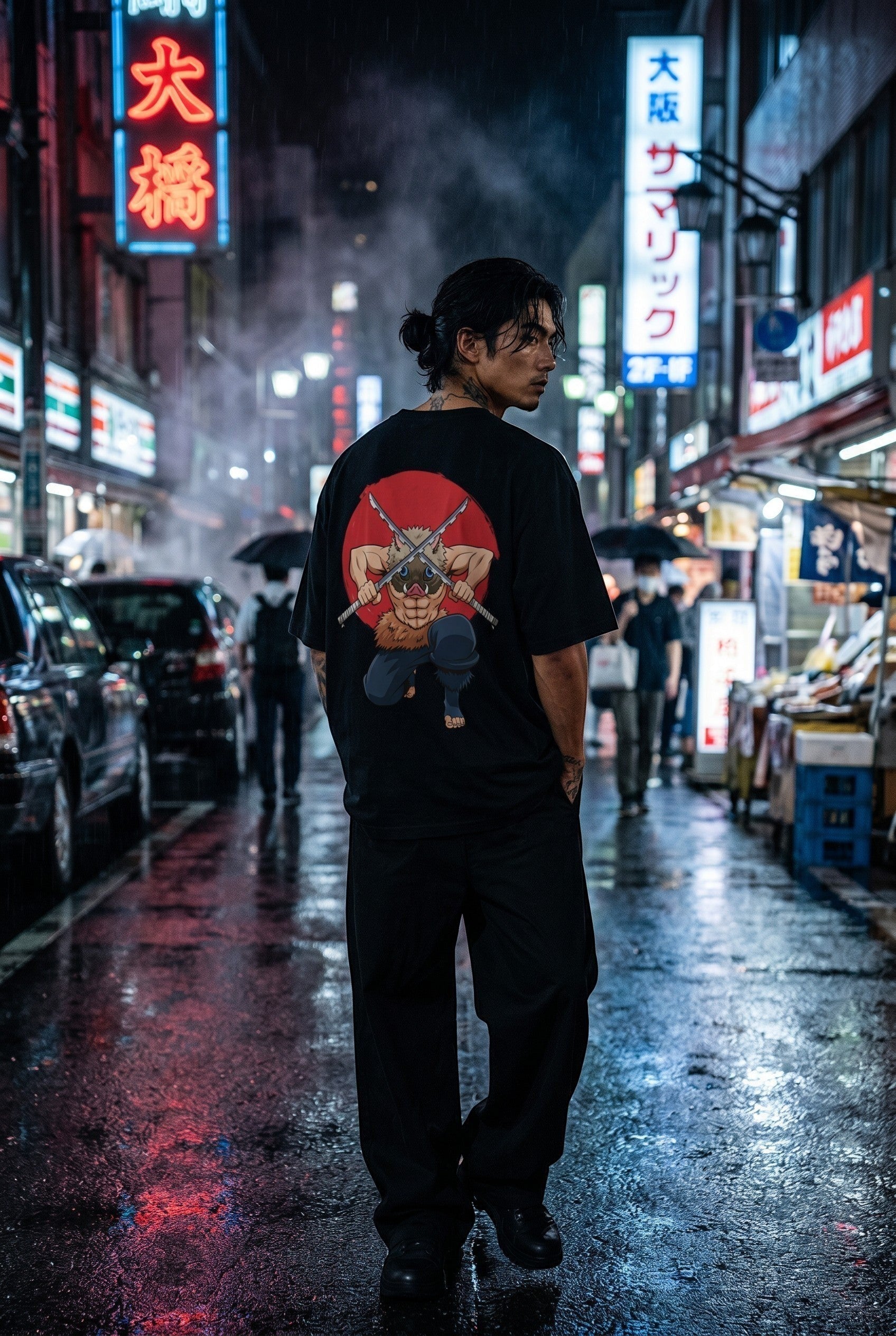 Drip&Verse black 100% cotton oversized t-shirt with drop shoulders, featuring a graphic of a muscular anime character with a boar mask and crossed swords.