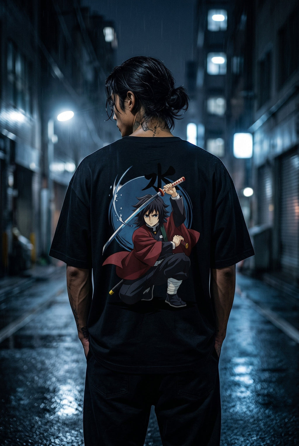 Drip&Verse black 100% cotton oversized tee with a drop shoulder, featuring an anime-inspired graphic of a swordsman mid-stance.