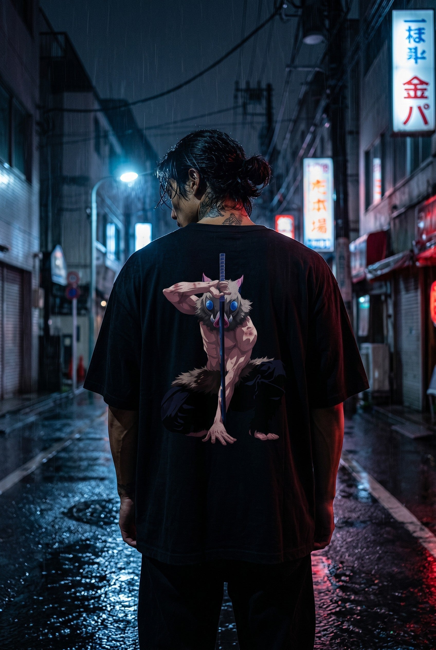 Drip&Verse black 100% cotton oversized t-shirt with drop shoulder, featuring a full-color anime-inspired print of a boar-masked warrior.