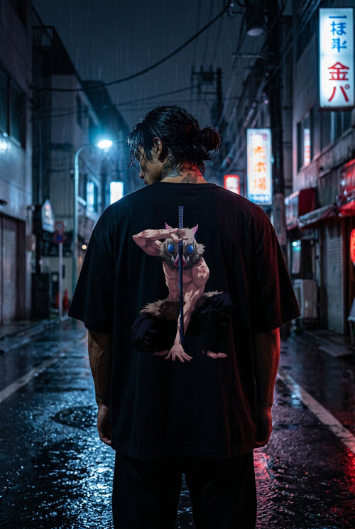 Drip&Verse black 100% cotton oversized t-shirt with drop shoulder, featuring a full-color anime-inspired print of a boar-masked warrior.