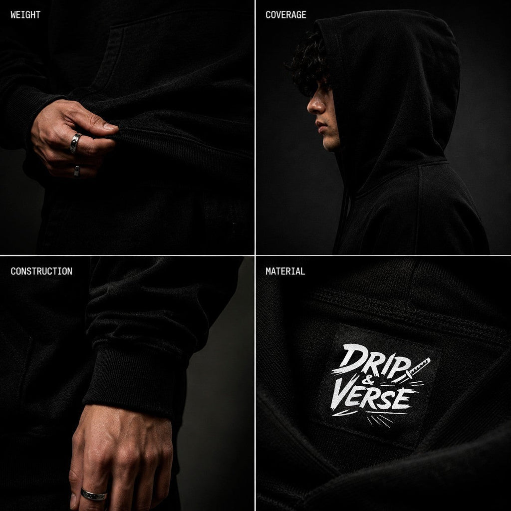 Drip&Verse black heavyweight boxy fleece hoodie with a kangaroo pocket and a graphic logo on the chest.