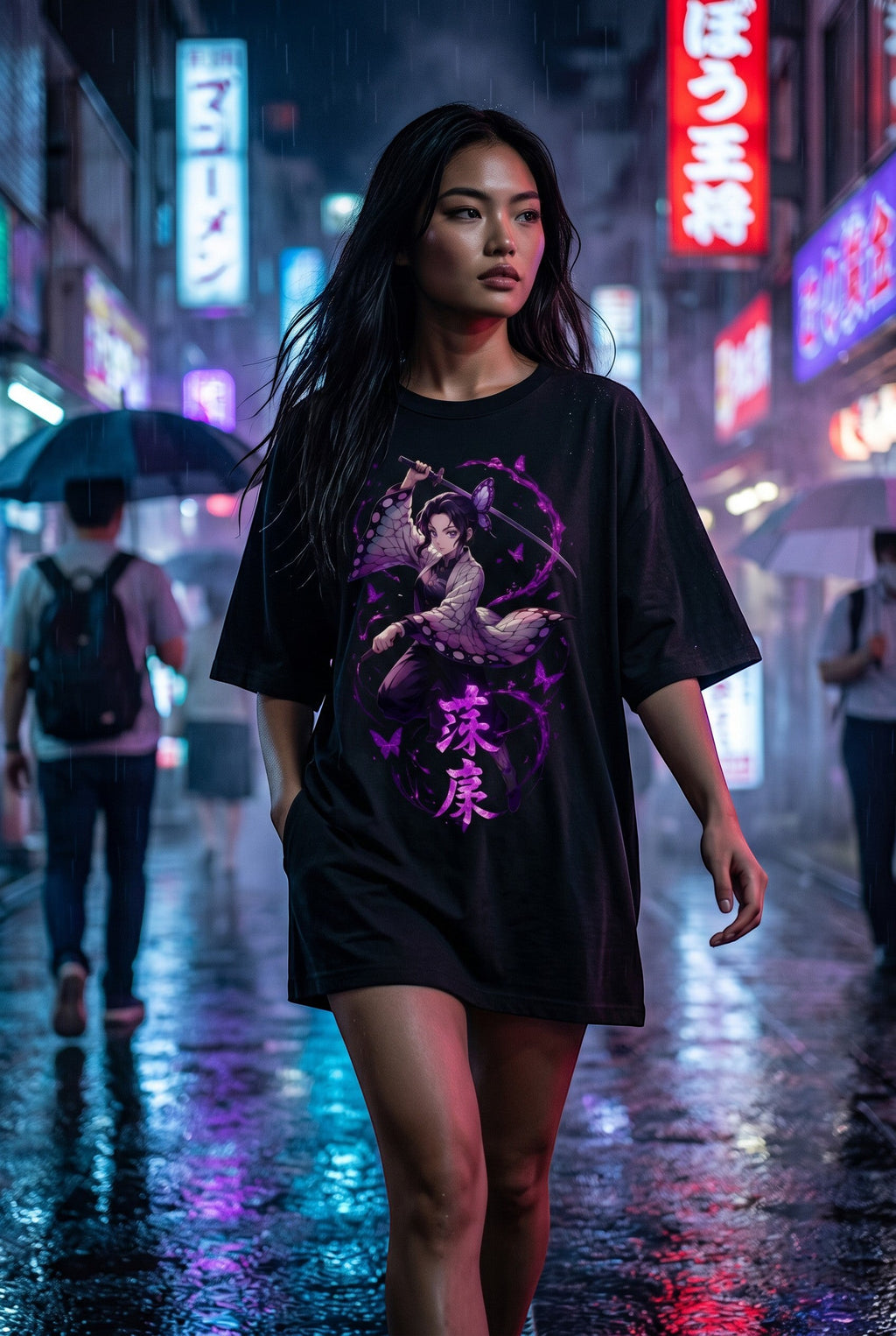 Drip&Verse black 100% cotton oversized tee with a "Deep Wing" anime graphic featuring a warrior with butterfly wings and purple energy.
