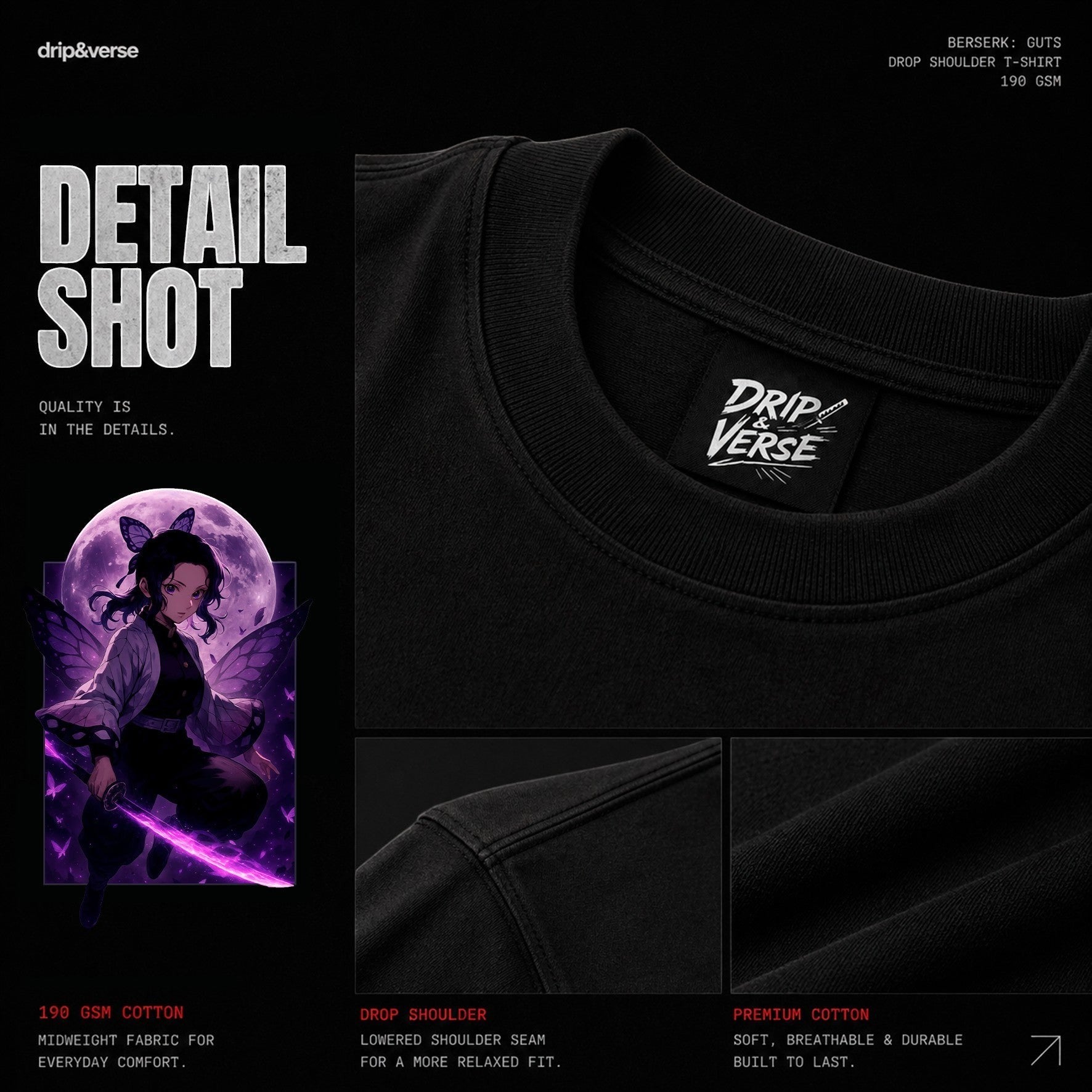 Drip&Verse black 100% cotton drop shoulder t-shirt with anime butterfly warrior graphic on back and Japanese text on front.