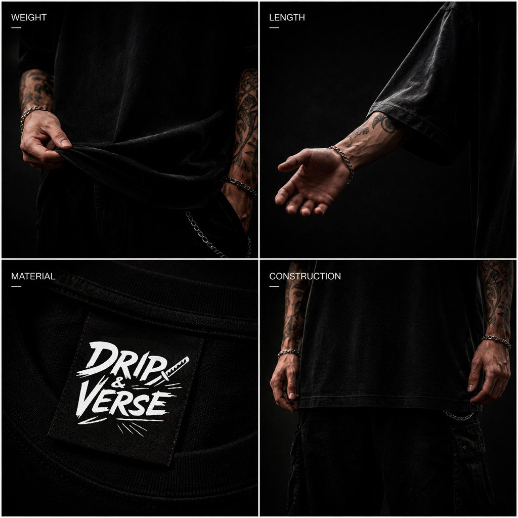 Drip&Verse black cotton oversized t-shirt with drop shoulder and crew neck, featuring a water swordsman graphic.